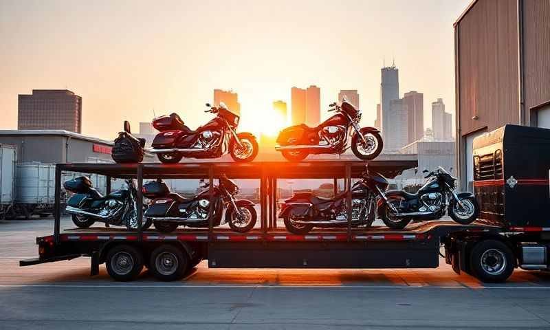 Multiple motorcycles loaded on an open carrier at sunset