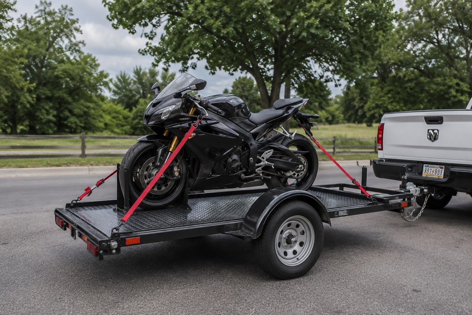 Single sport motorcycle secured on a trailer
