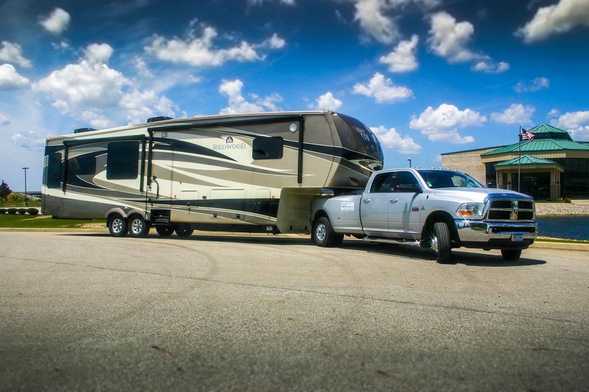 Fifth-wheel RV towed by a dually pickup truck